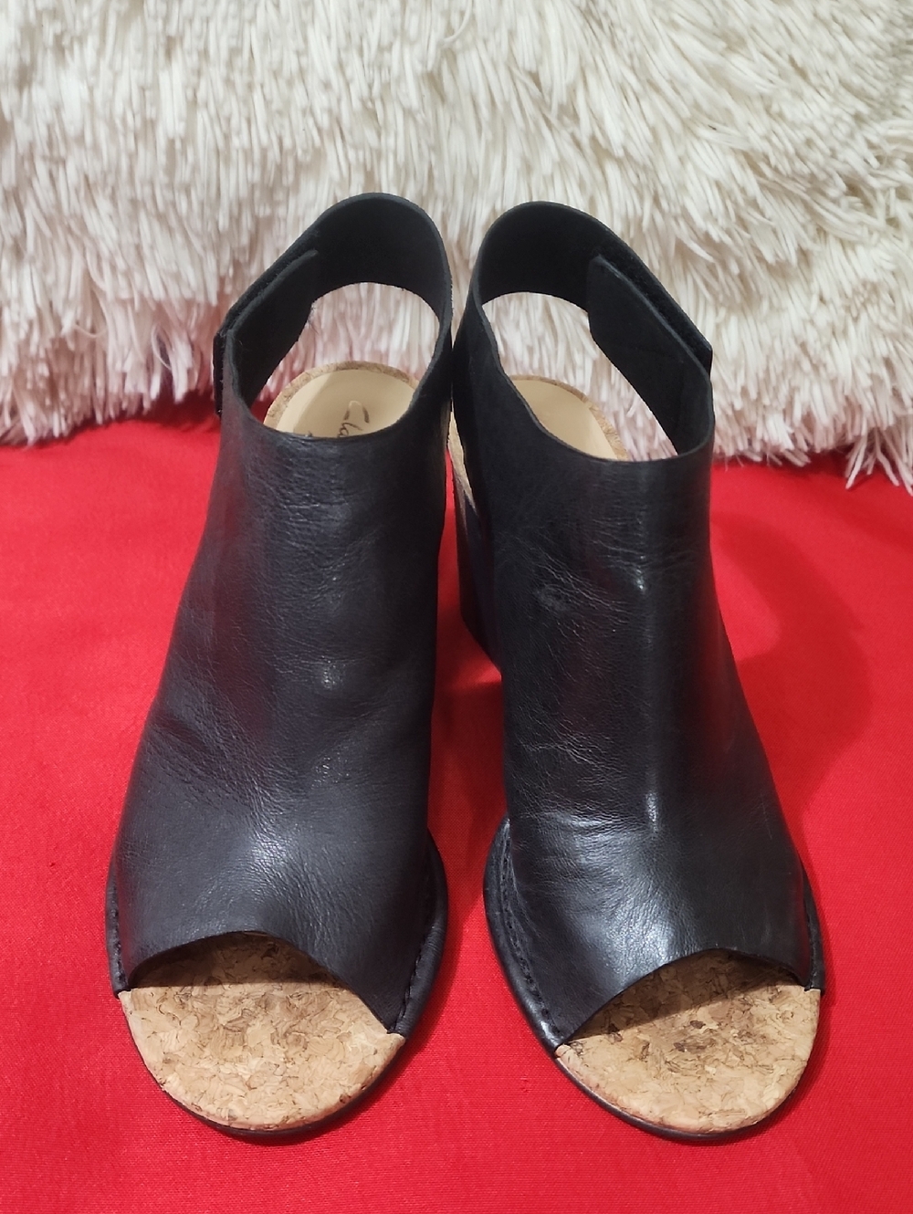 Clarks Cork Wedge Sandals Women Black Leather Peep Toe Ankle Strap - Picture 4 of 10